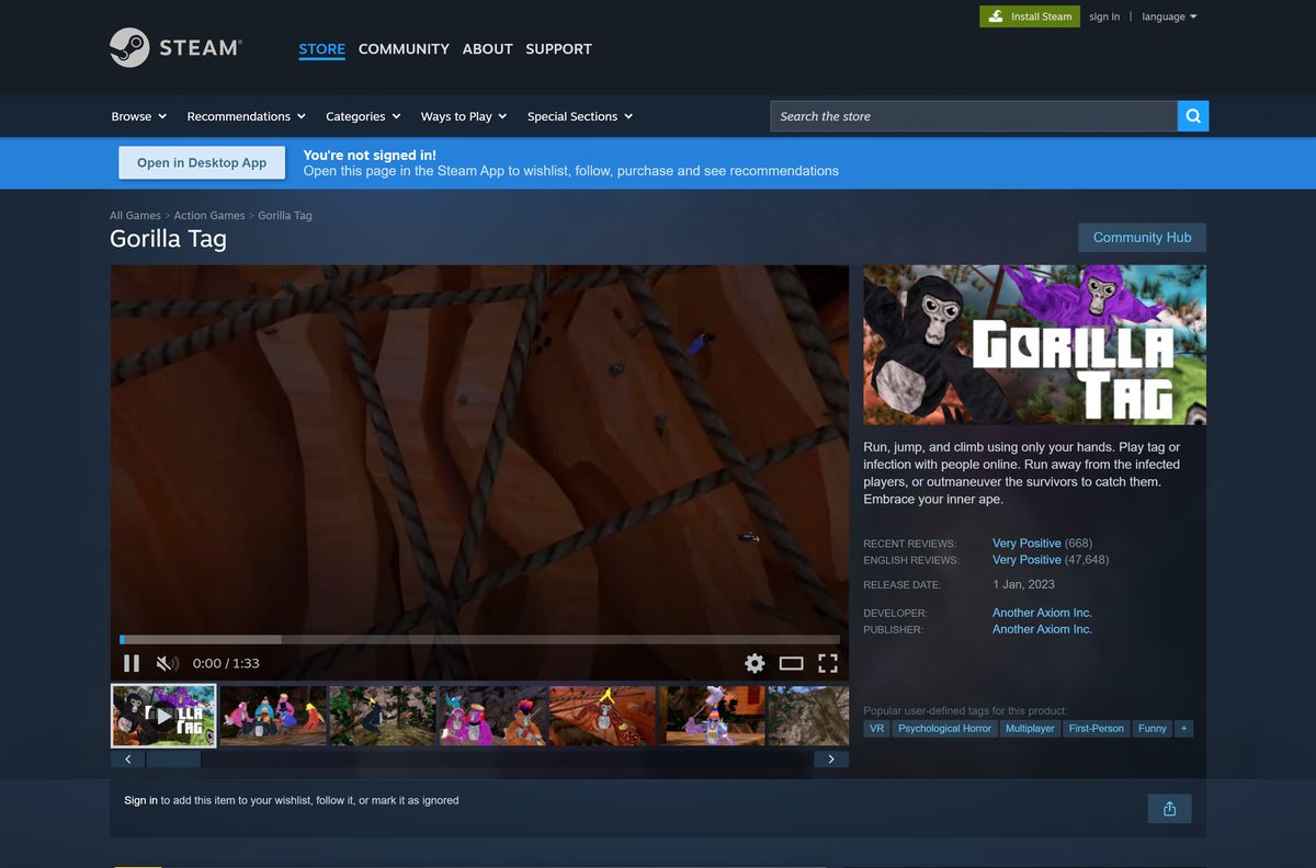 Steam store page for Gorilla Tag with its VR Only label