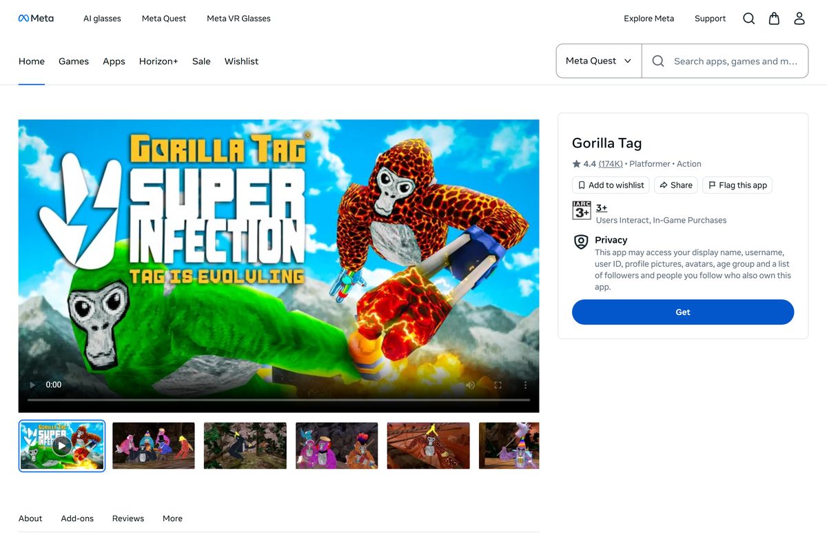 Meta Quest store listing for Gorilla Tag with its Get button