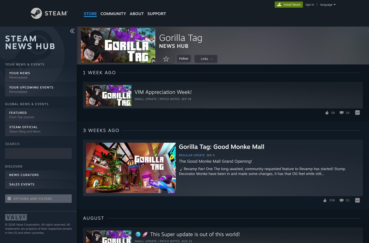 Steam news hub listing recent Gorilla Tag patches and events