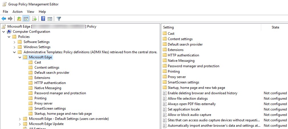 Group Policy Editor showing Microsoft Edge policies under Administrative Templates