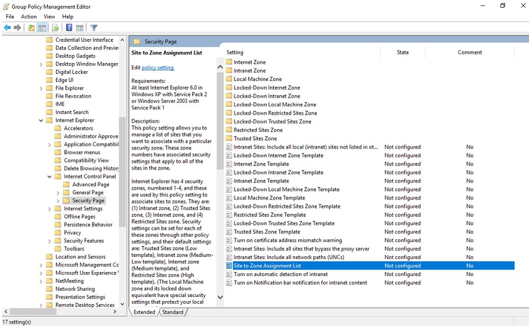 Group Policy Site to Zone Assignment List policy under Internet Explorer settings