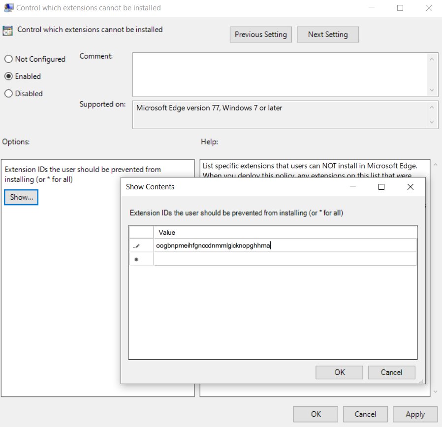 Group Policy editor listing a blocked extension ID for Edge