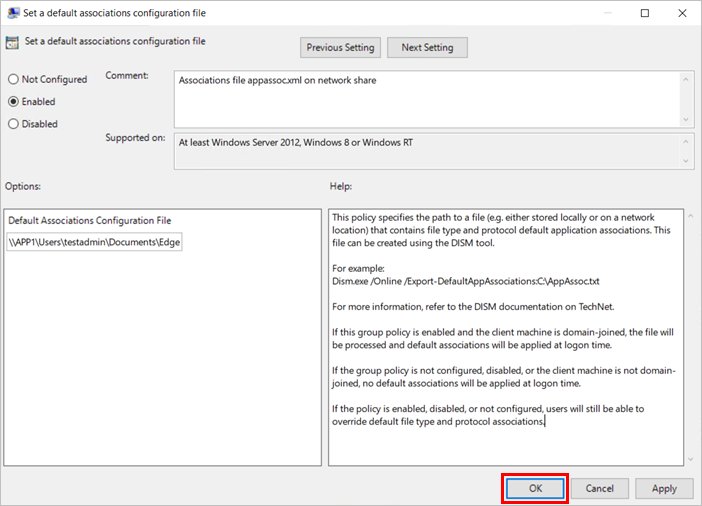 Group Policy editor window titled Set a default associations configuration file
