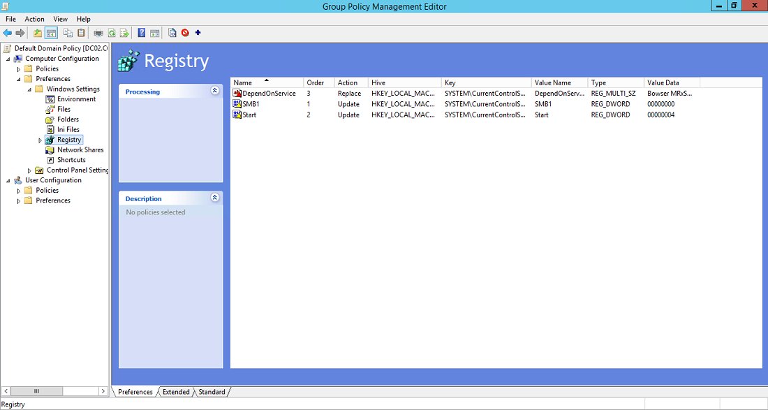 Group Policy registry preferences list with SMB1 and Start DWORD entries