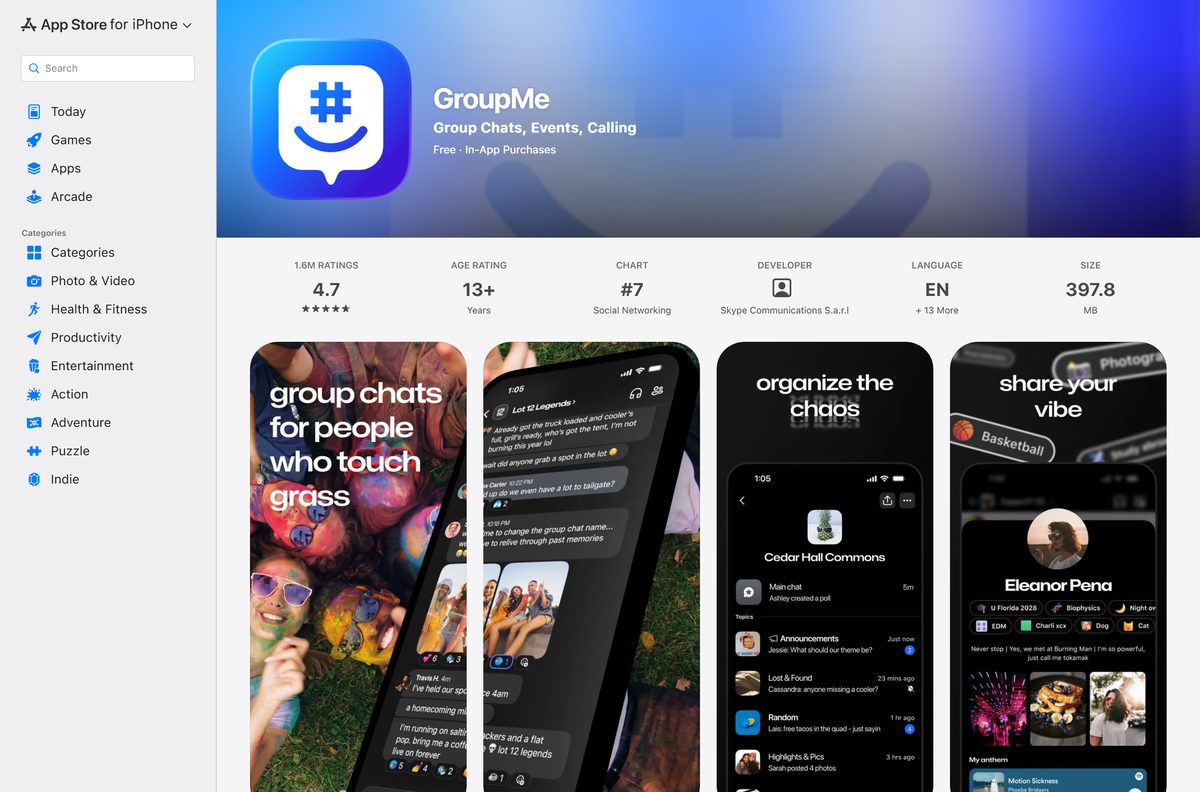 App Store listing for GroupMe showing compatibility and size
