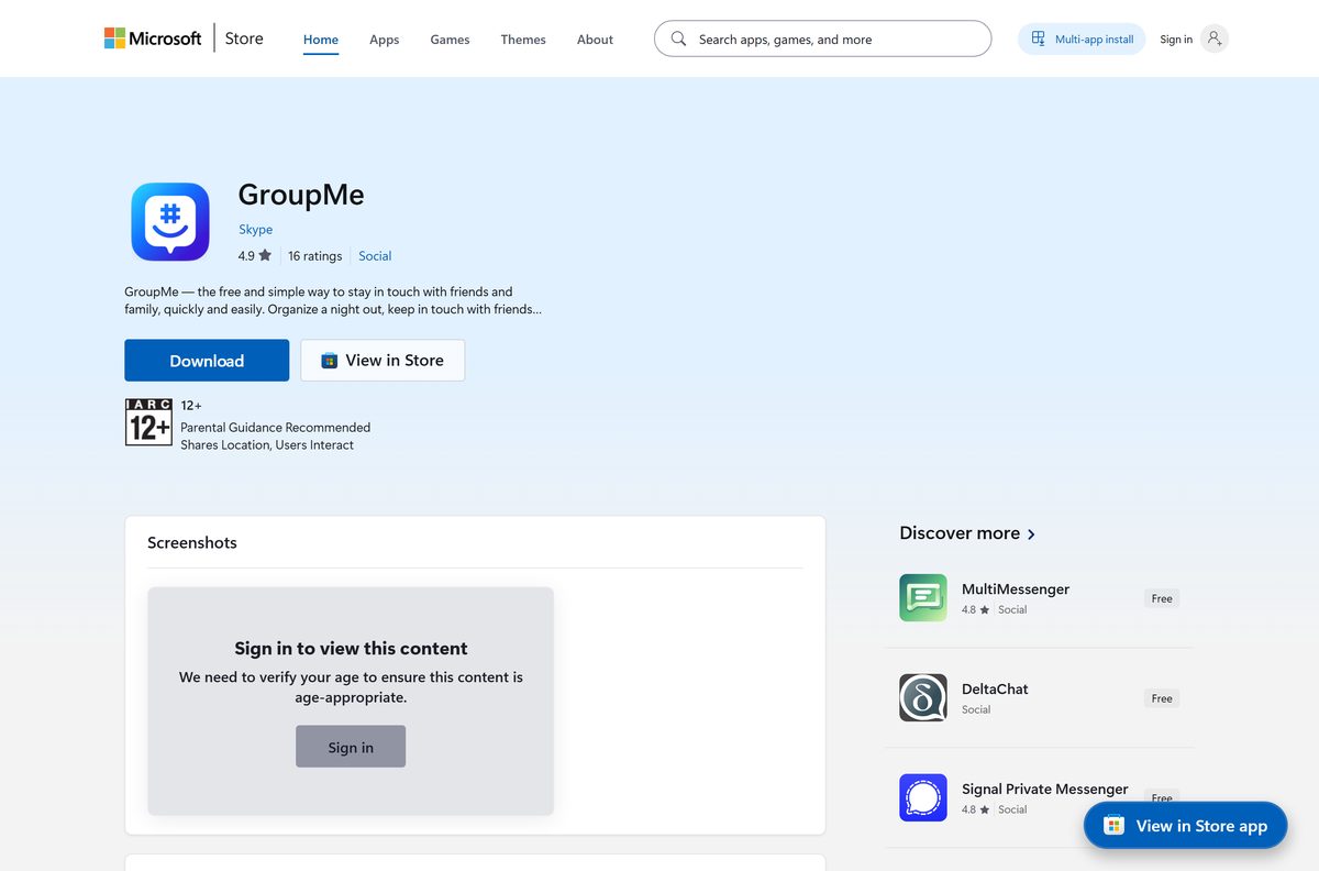 Microsoft Store listing for GroupMe with the Get in Store app button