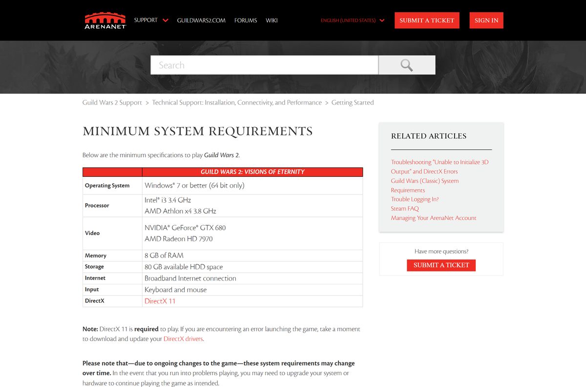 Minimum system requirements table for Guild Wars 2