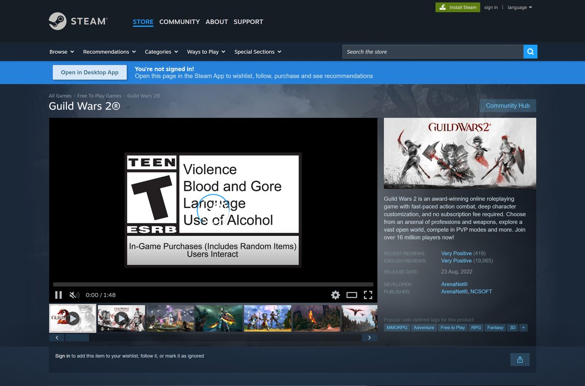Steam store page for Guild Wars 2 marked free to play