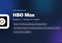 HBO Max logo beside its version, size and supported systems