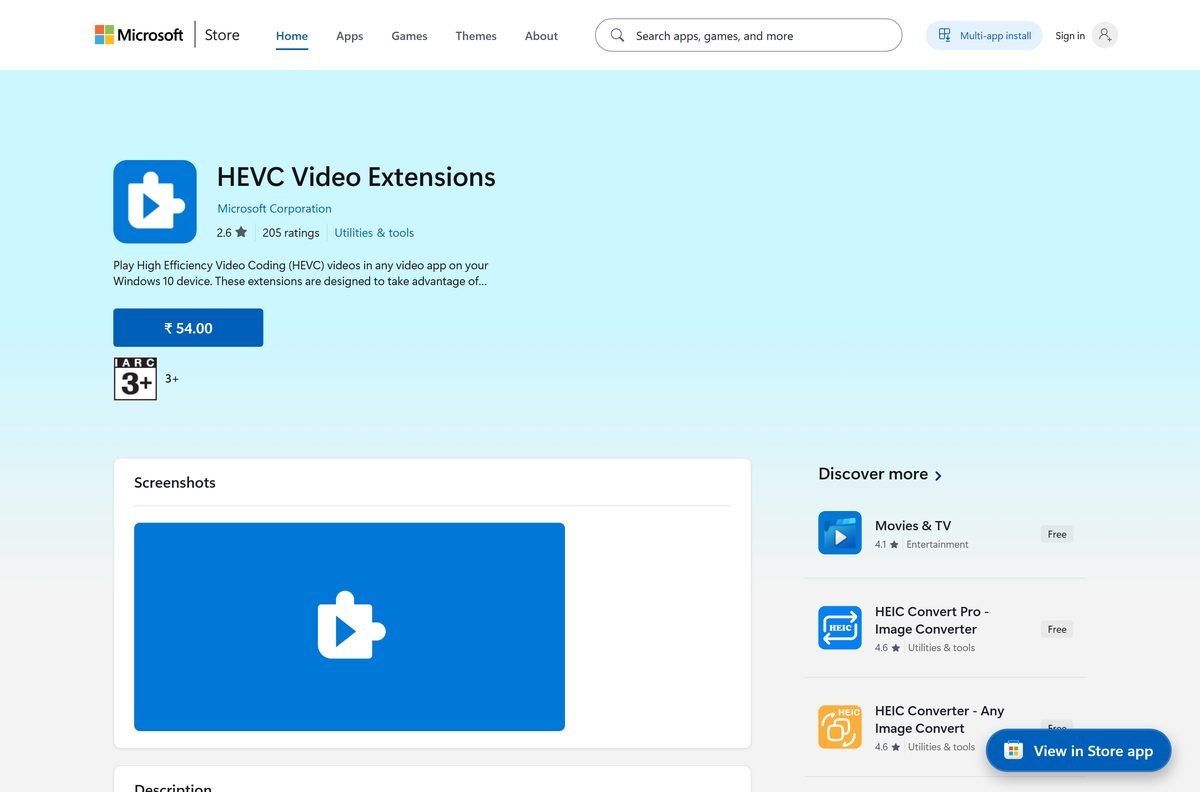 Microsoft Store listing for HEVC Video Extensions showing the price button