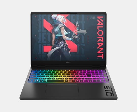 HP OMEN gaming laptop with multicolor RGB-lit keyboard and a vivid game screen