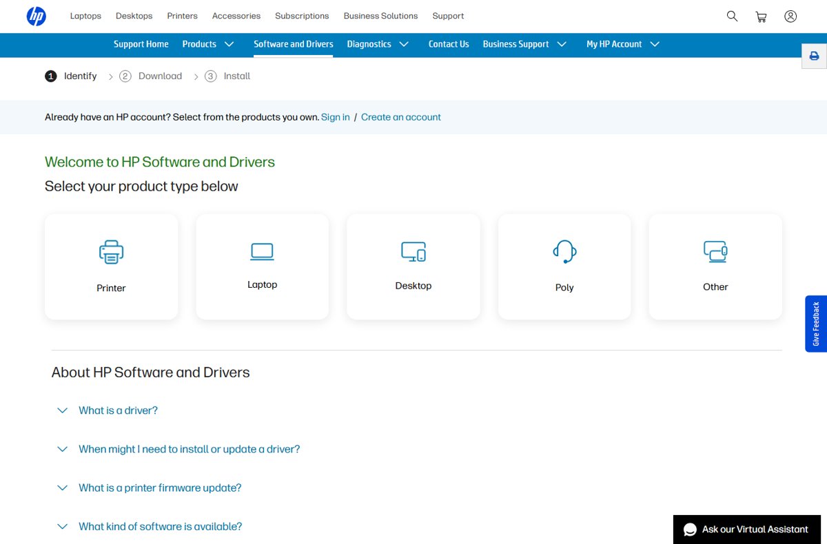 HP Software and Drivers page with Identify Download Install steps