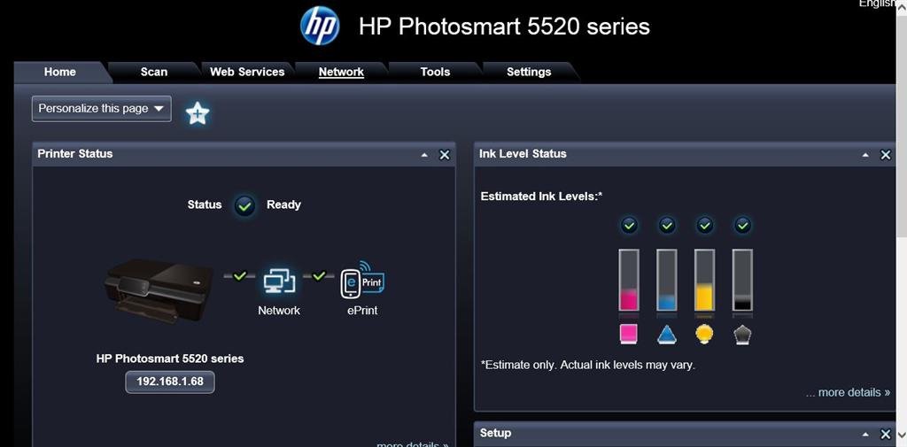 HP printer Embedded Web Server page showing the Ink Level Status panel