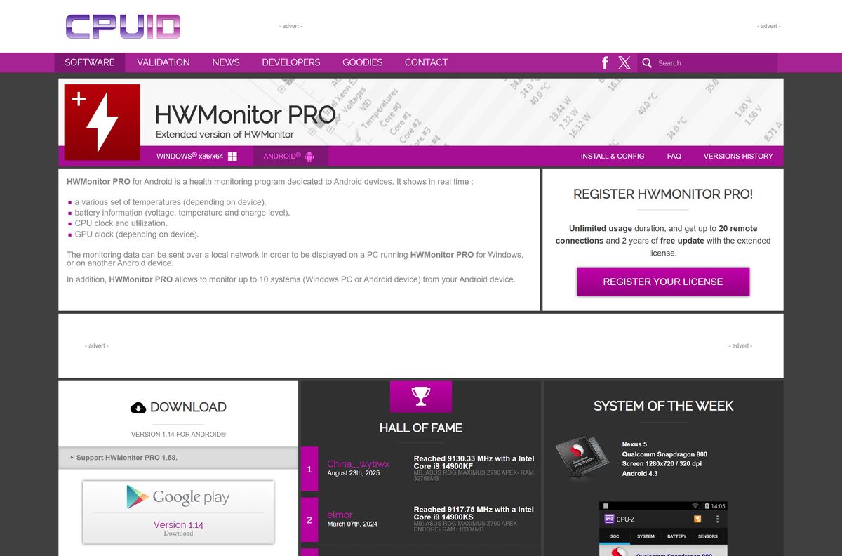 HWMonitor PRO for Android page on the CPUID website