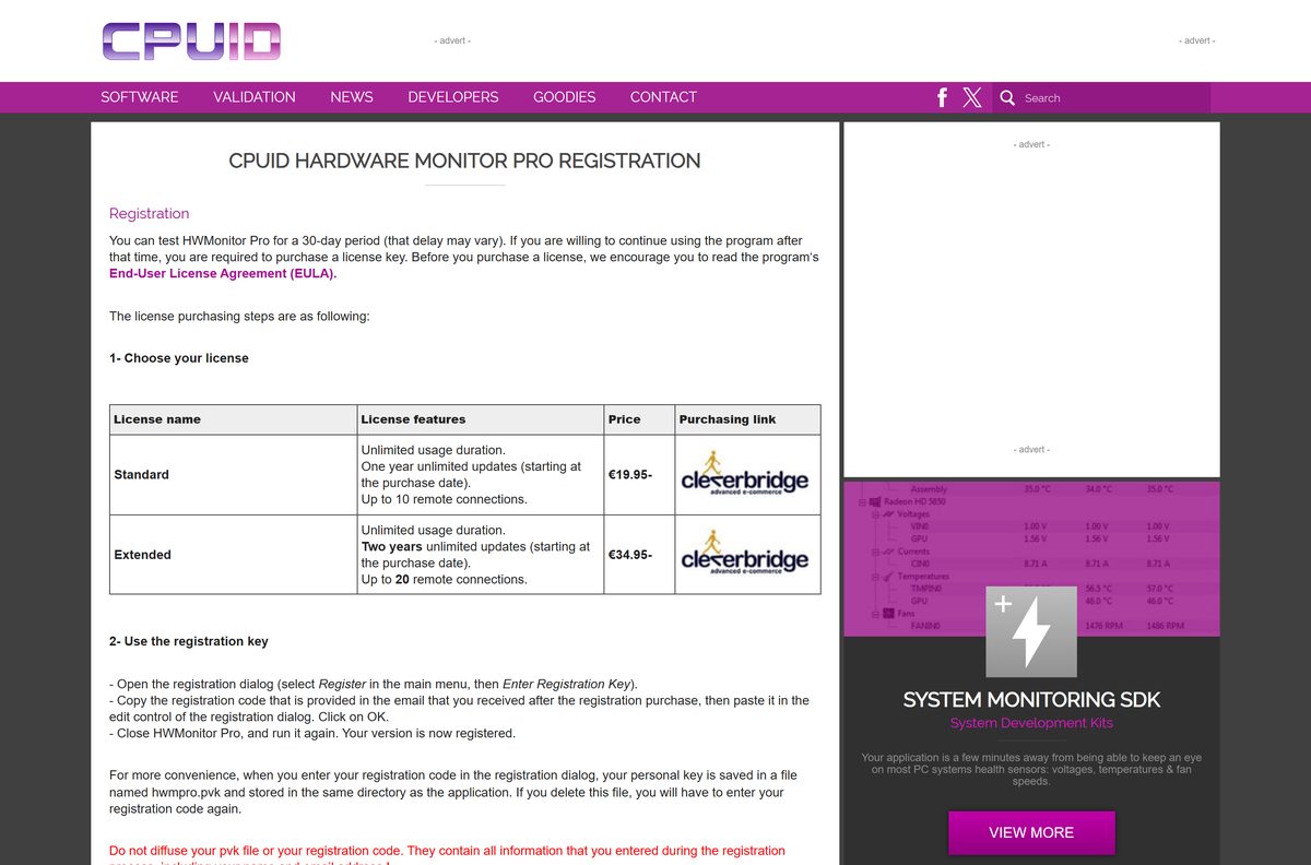HWMonitor PRO registration page with Standard and Extended licence prices