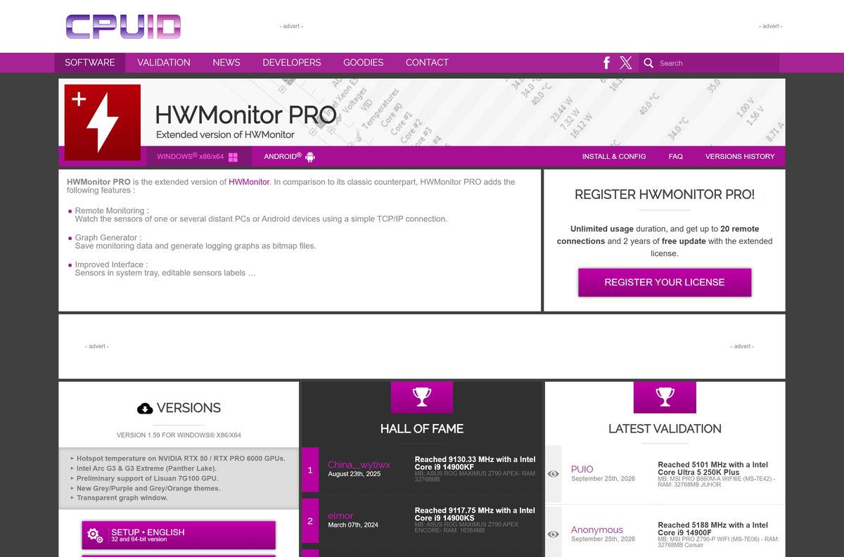 HWMonitor PRO page listing remote monitoring and graph features
