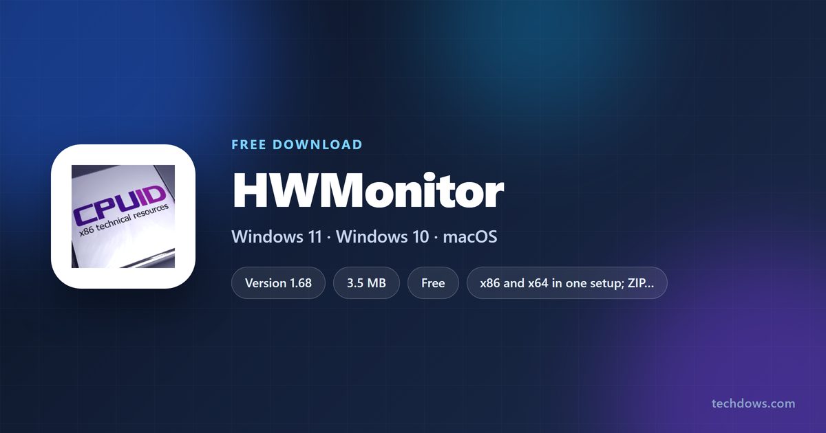 HWMonitor card with version, file size and supported Windows