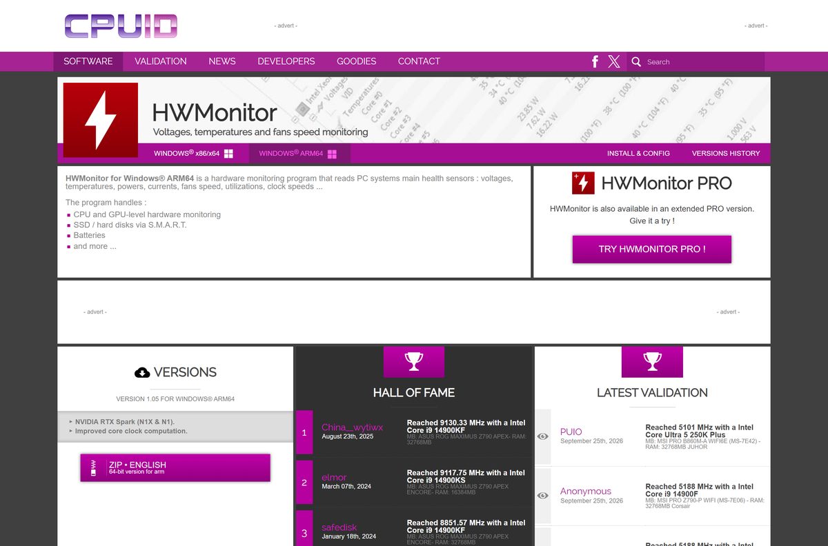 HWMonitor for Windows ARM64 page on the CPUID website