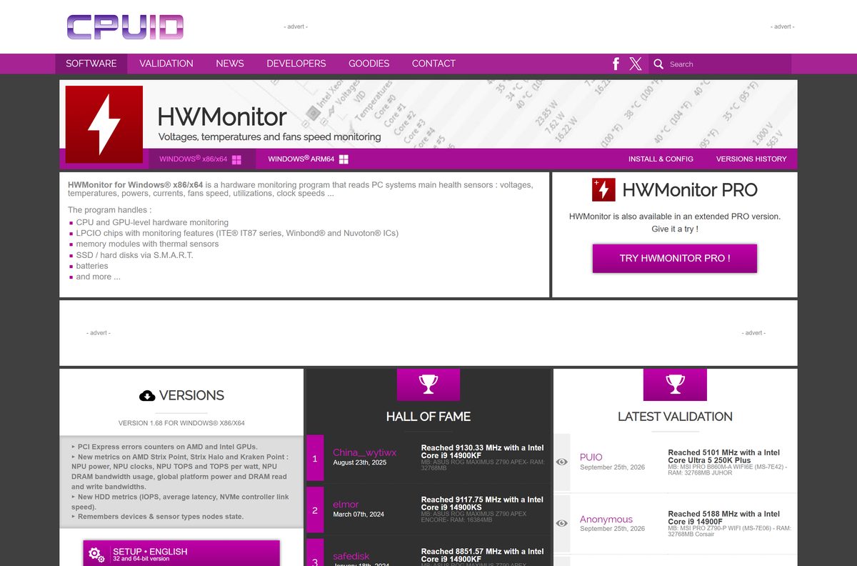 HWMonitor page on cpuid.com with setup and ZIP downloads