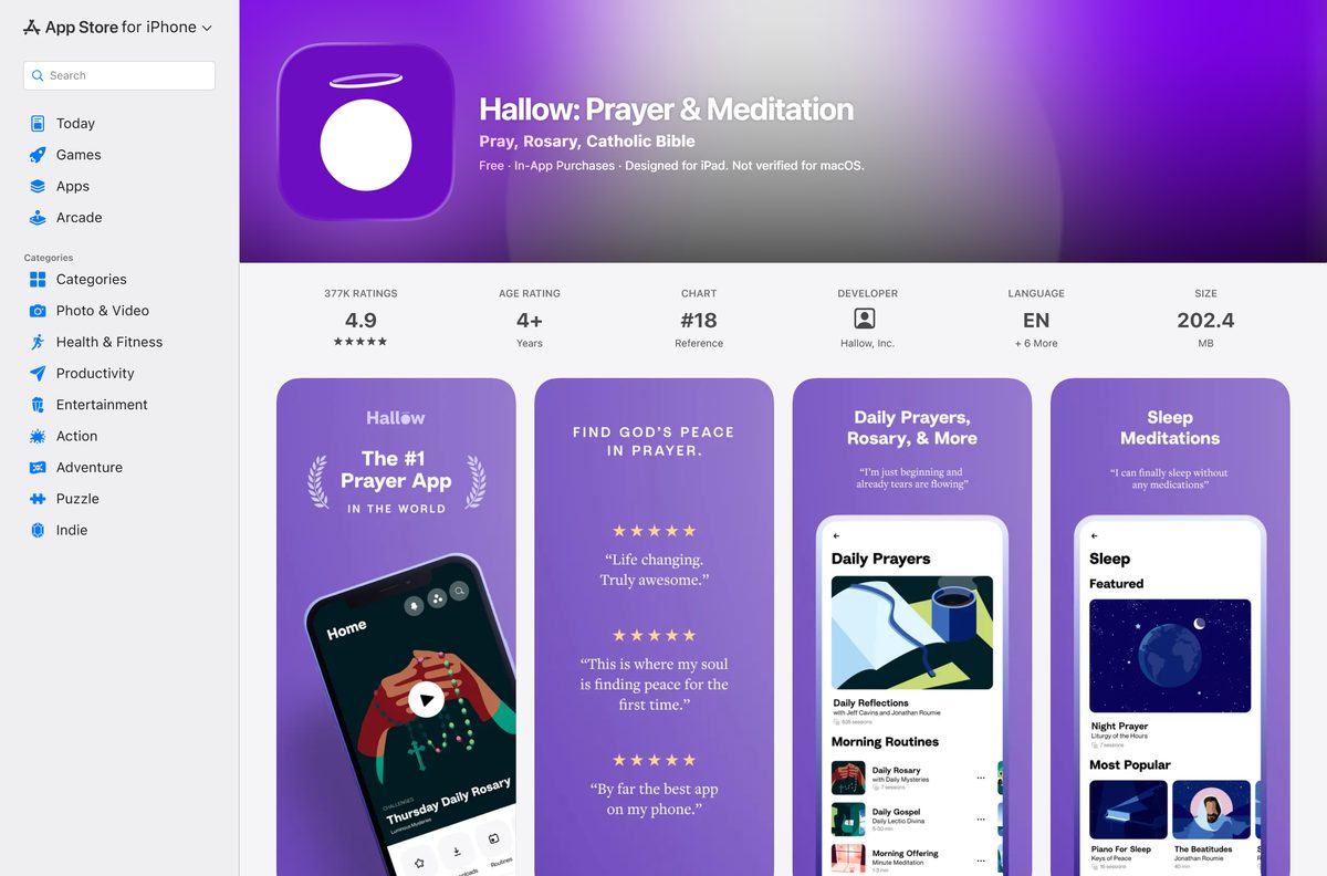 App Store listing for Hallow with its rating and developer