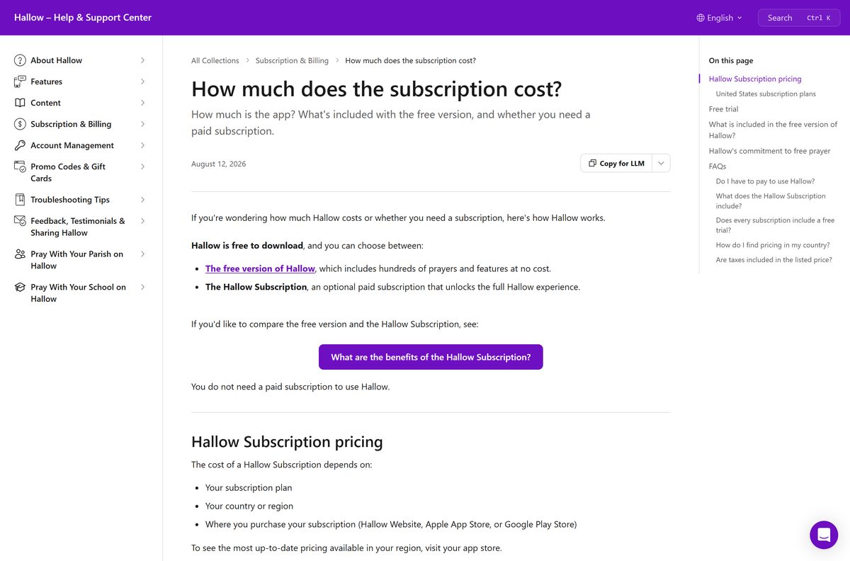 Hallow help article with US subscription prices and free version details