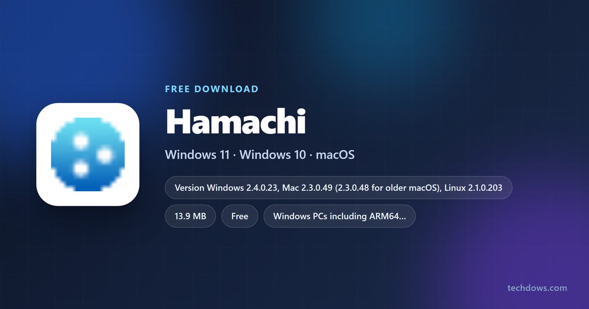 LogMeIn Hamachi spec card with versions, sizes, license and supported systems
