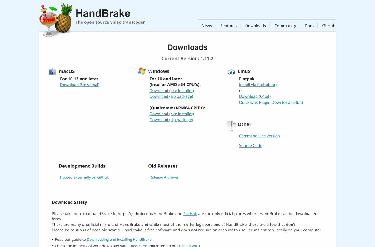 HandBrake downloads page listing the Windows, Mac and Linux files