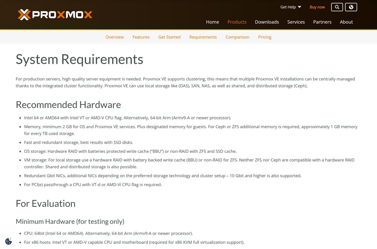 Proxmox VE hardware requirements page with minimum and recommended specs