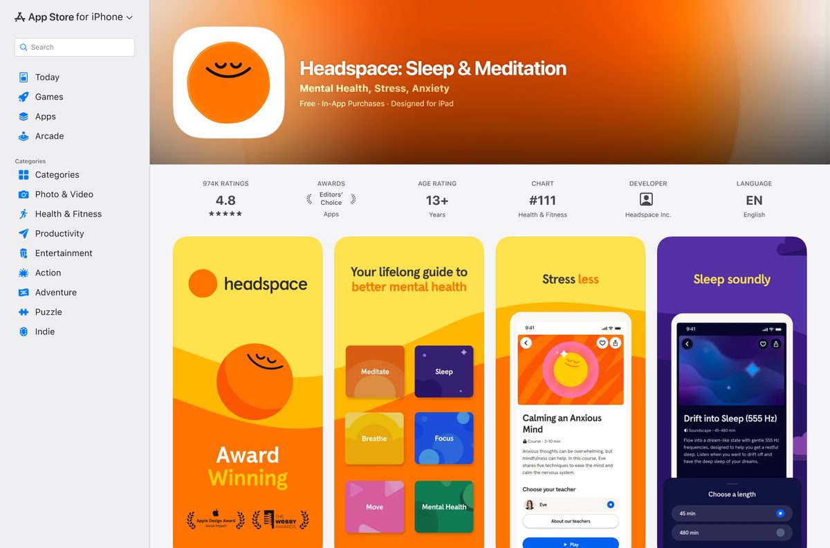 App Store listing for Headspace with its rating and size