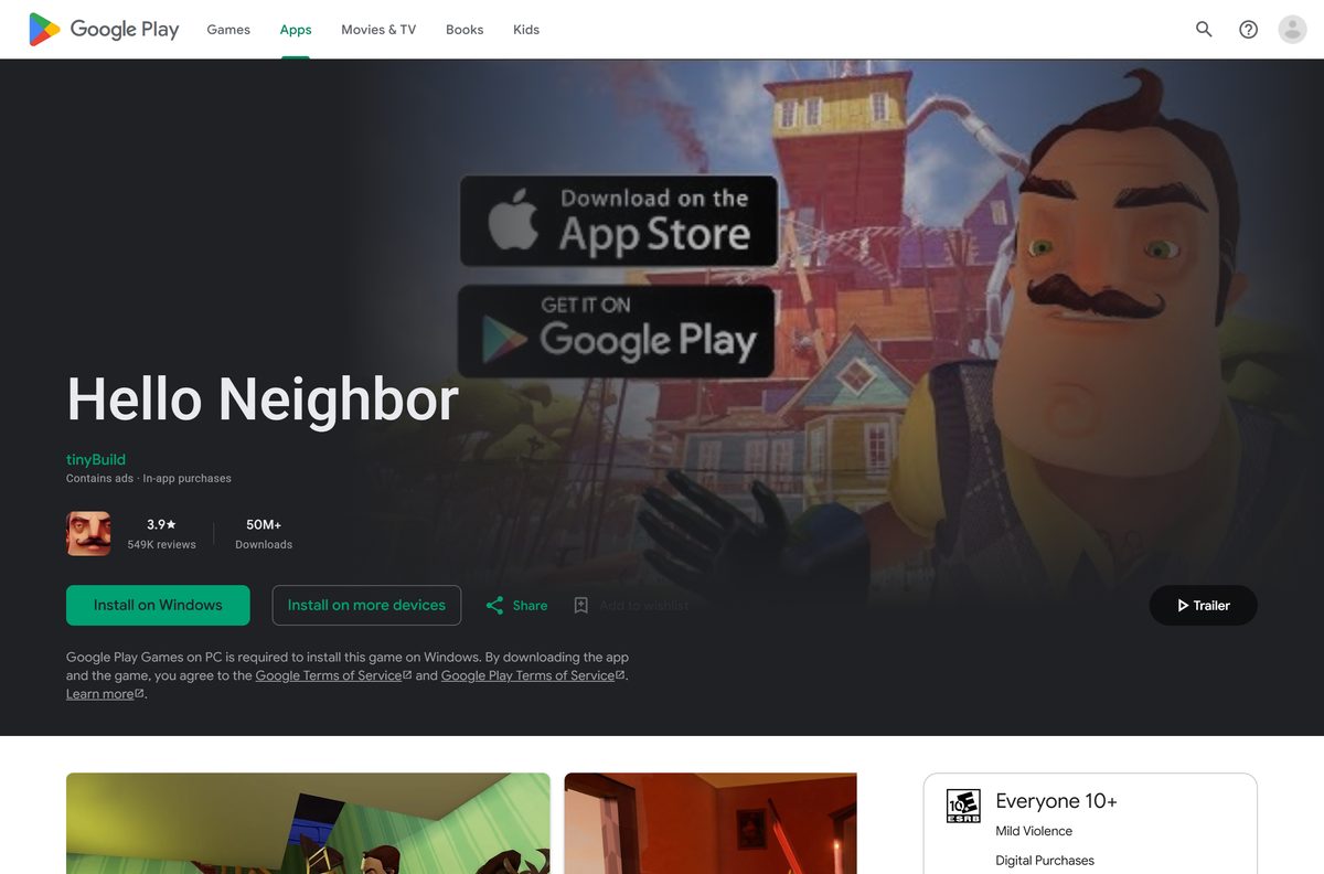 Google Play listing for Hello Neighbor with ratings and downloads