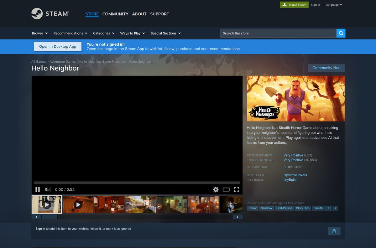 Steam store page for Hello Neighbor with price and features