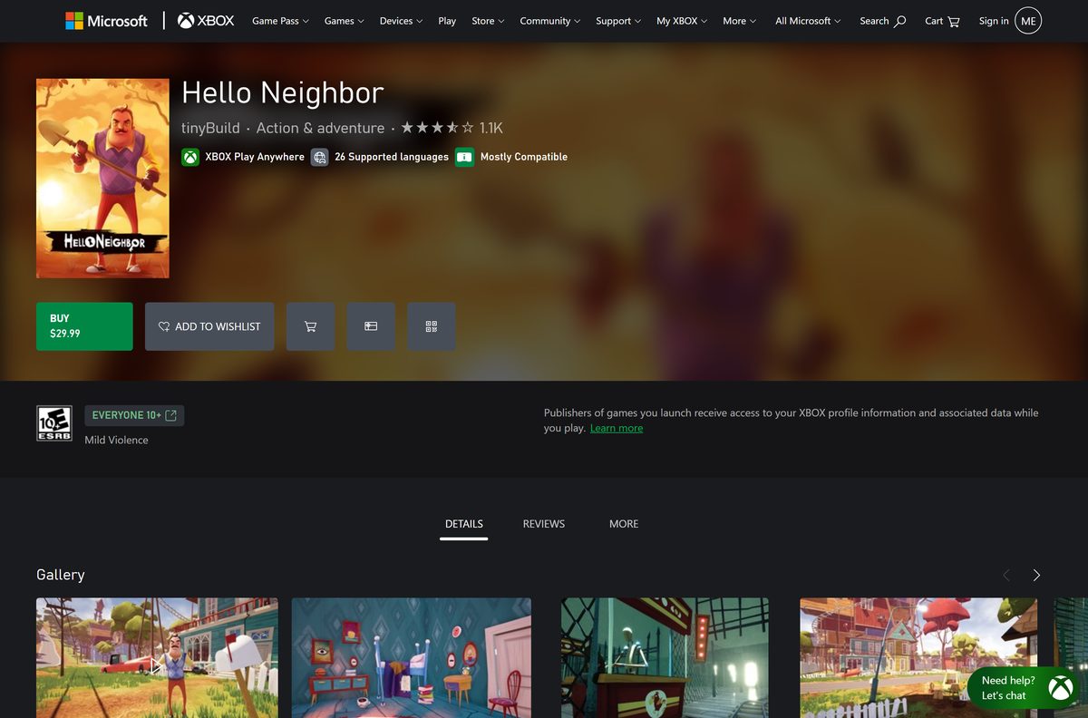 Xbox store page for Hello Neighbor with Play Anywhere badge
