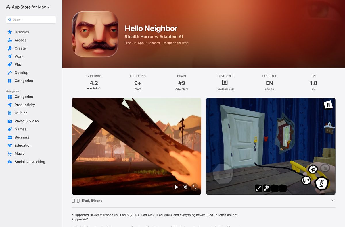 Mac App Store listing for Hello Neighbor labeled Designed for iPad