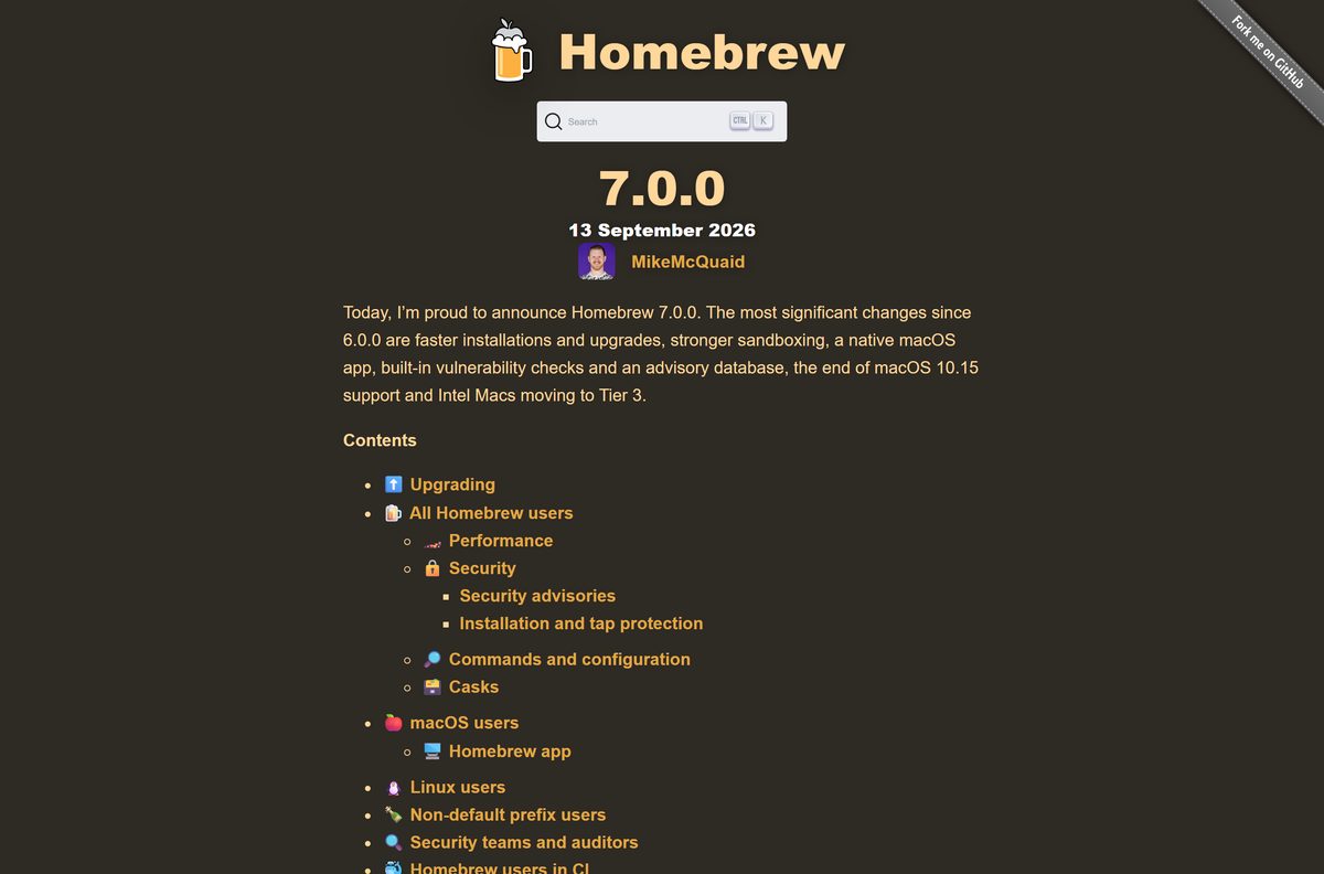 Homebrew 7.0.0 release notes with the support changes table