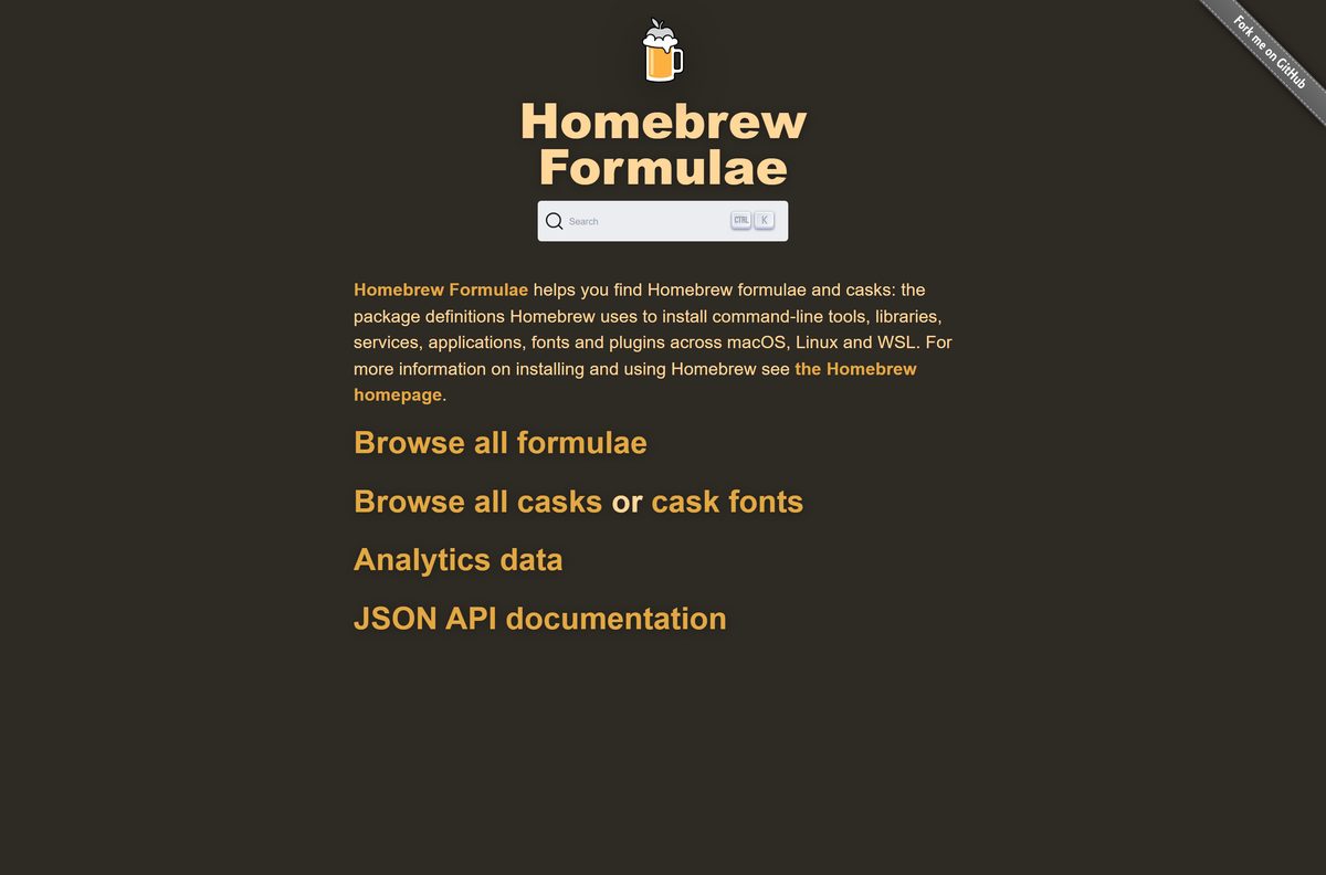 Homebrew Formulae site for searching packages and casks