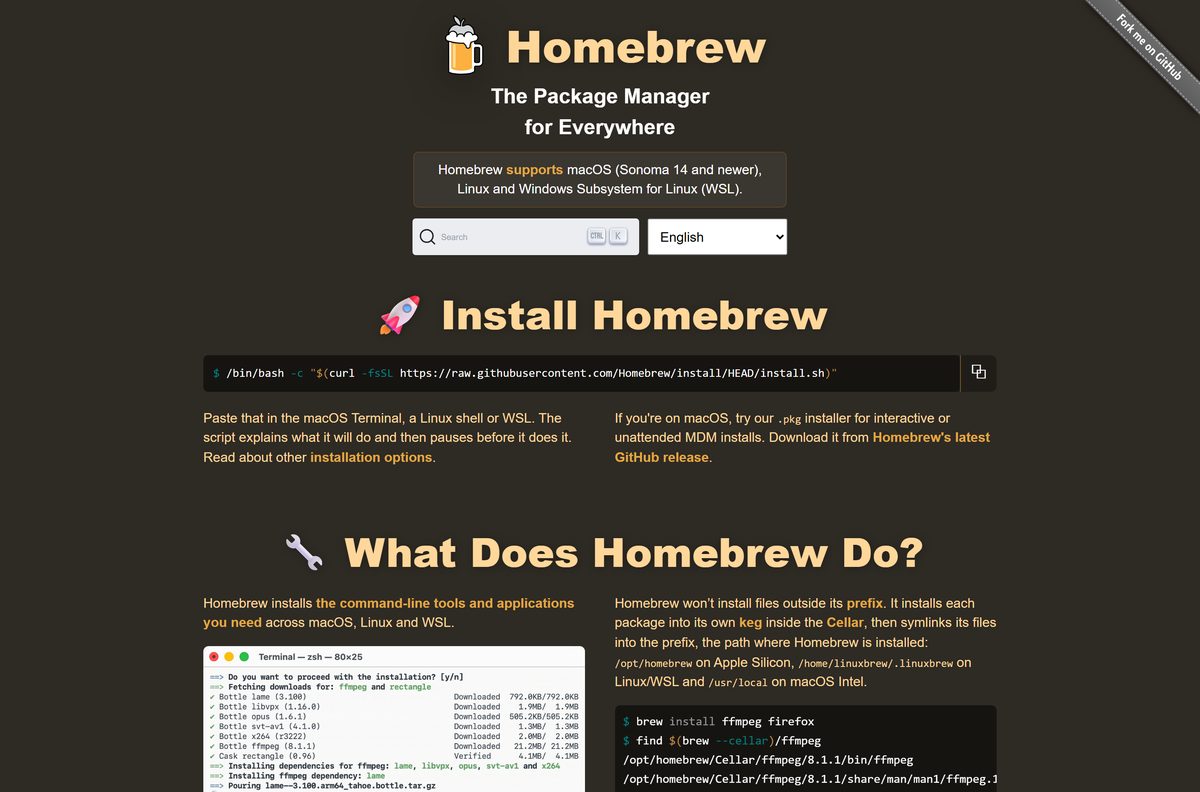 Homebrew homepage with the macOS install command for Chocolatey users