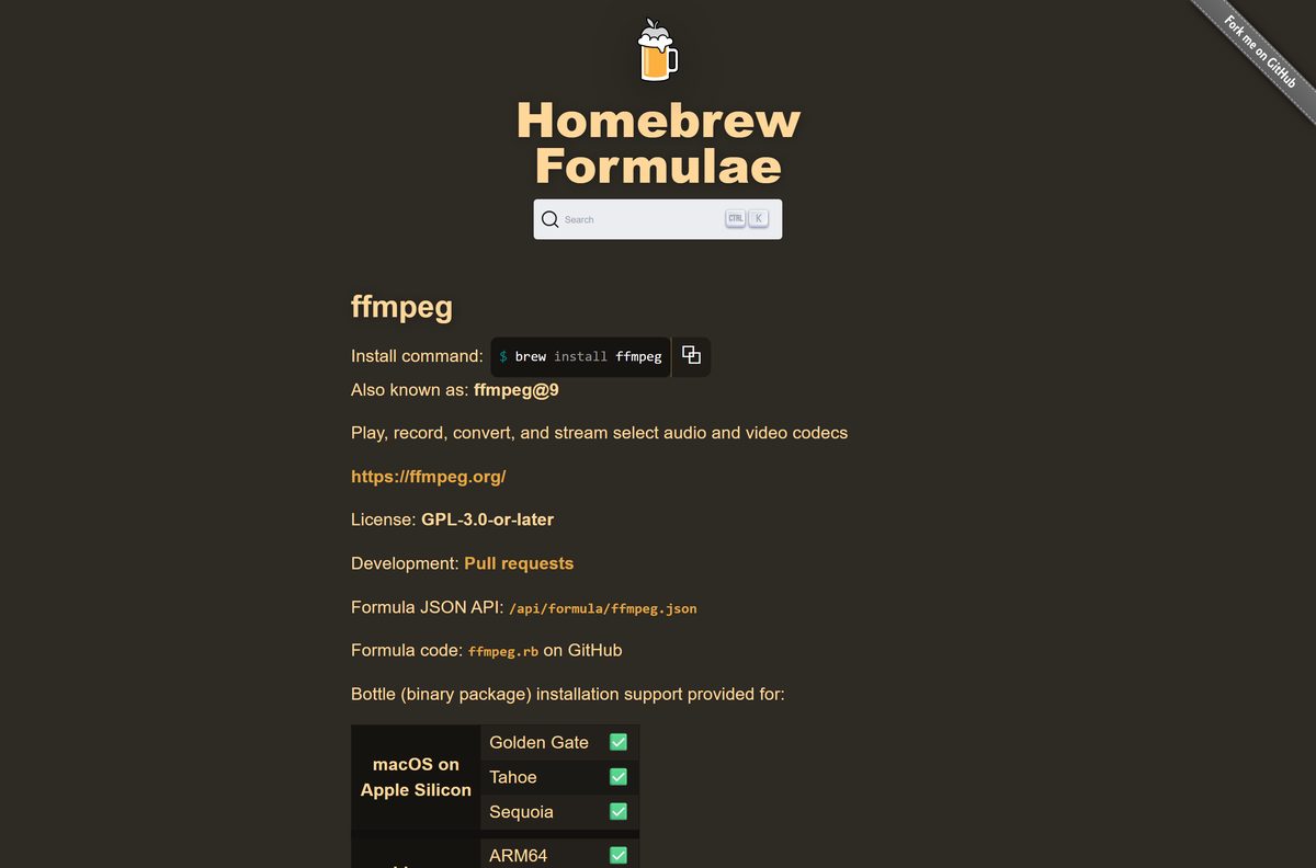 Homebrew formula page for FFmpeg with the brew command