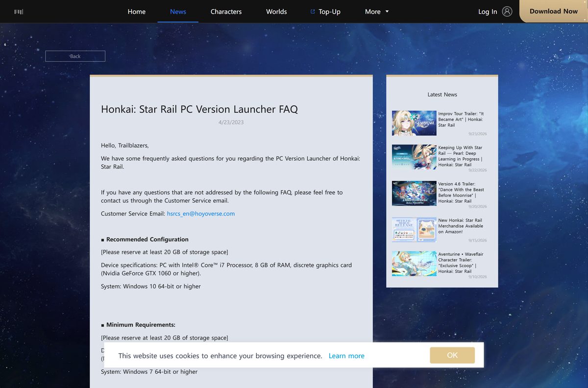 HoYoverse launcher FAQ listing Honkai: Star Rail PC requirements