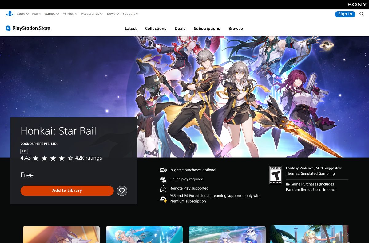 PlayStation Store page for Honkai: Star Rail showing the Free price