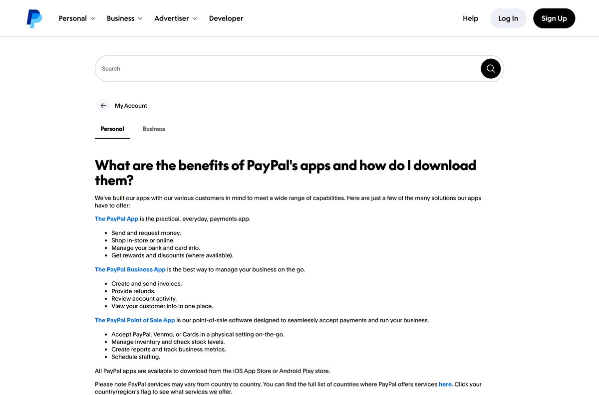PayPal Help Center article explaining where to download its apps