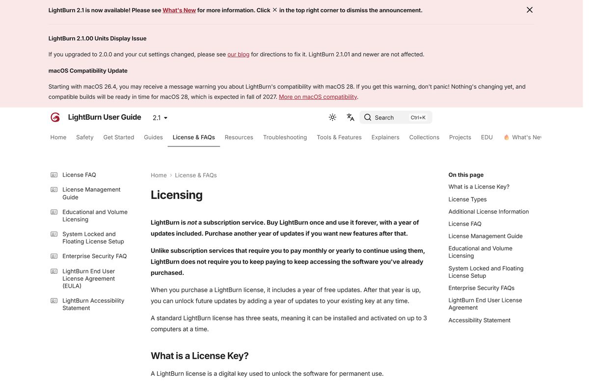 LightBurn licensing guide explaining perpetual use and update periods