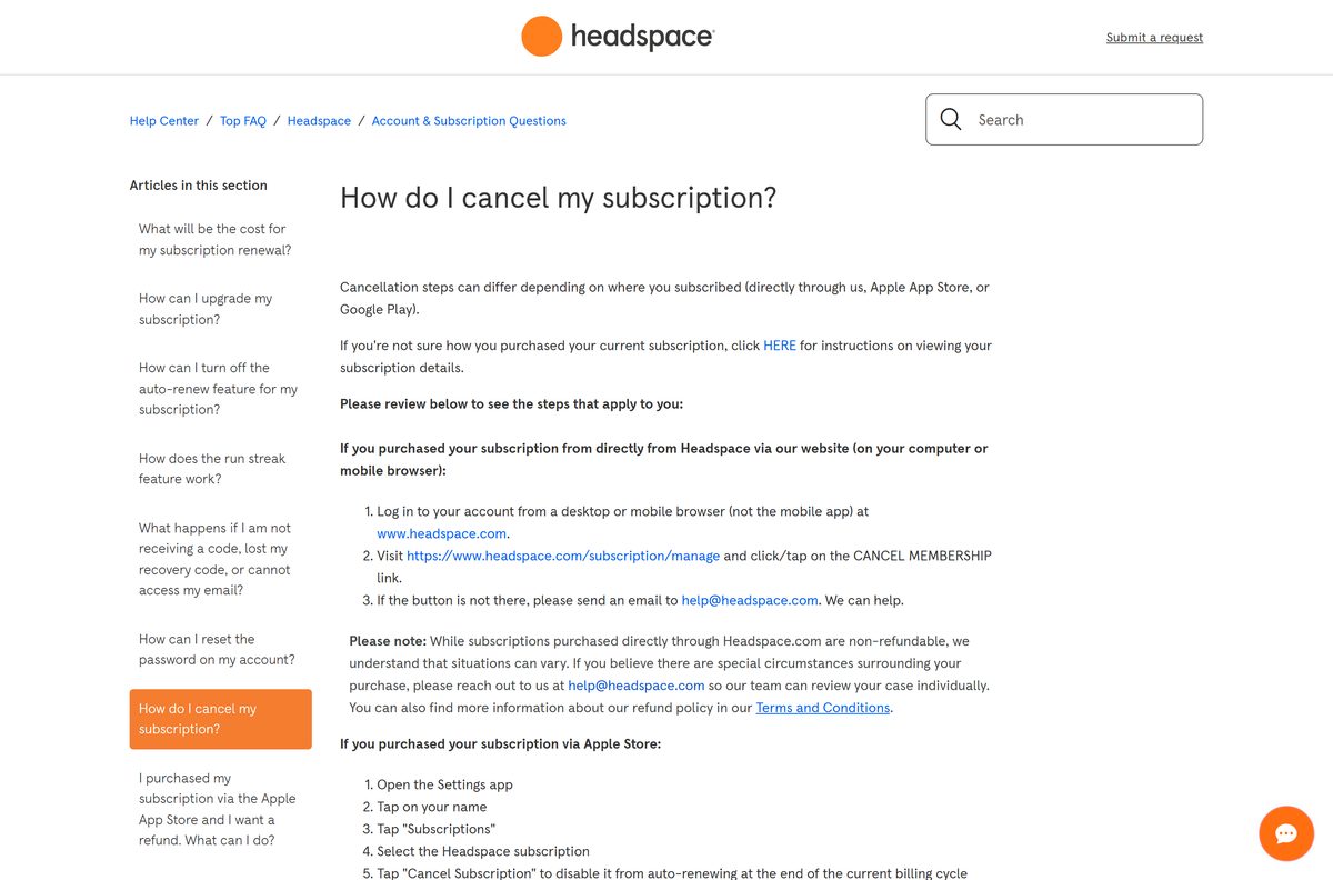 Headspace help article with cancellation steps for each store