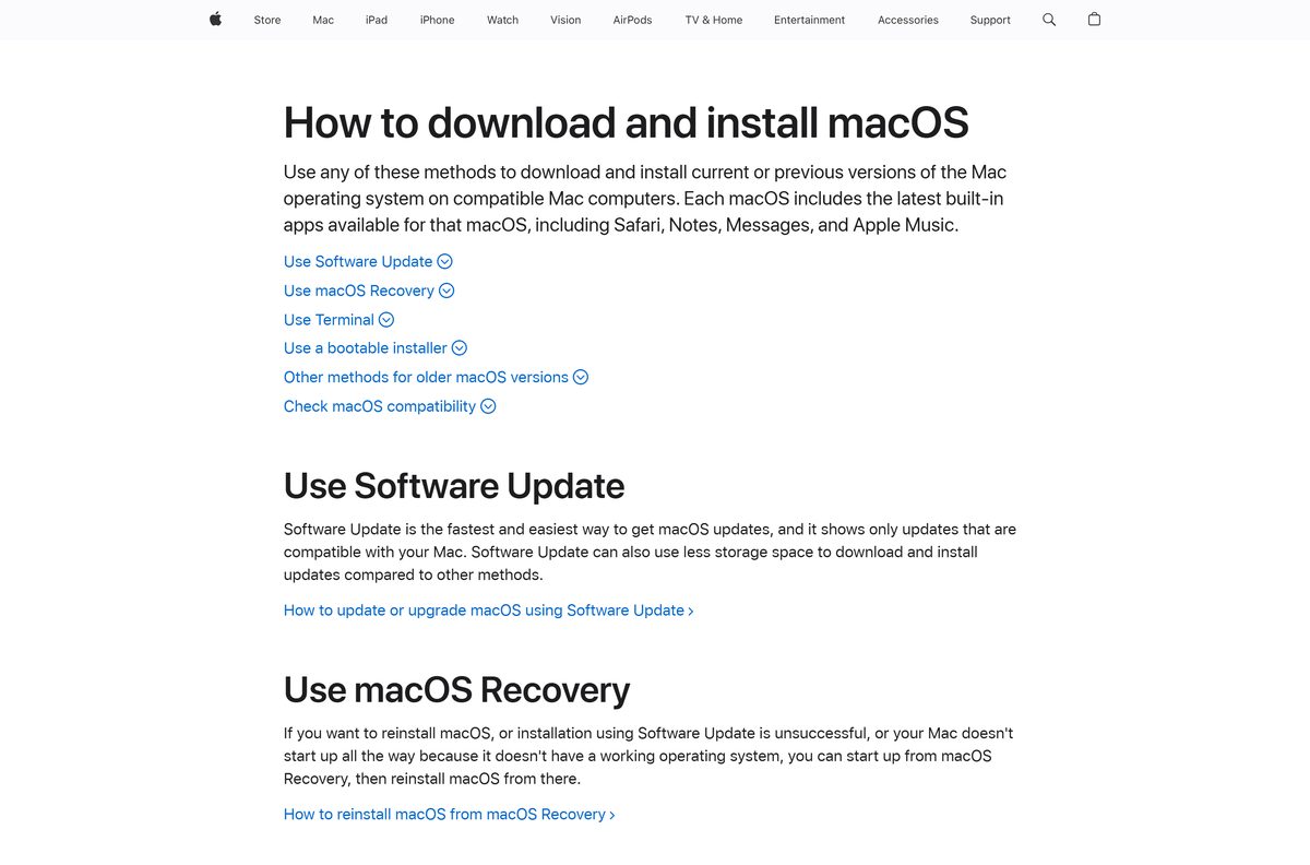 Apple Support page listing every way to download macOS