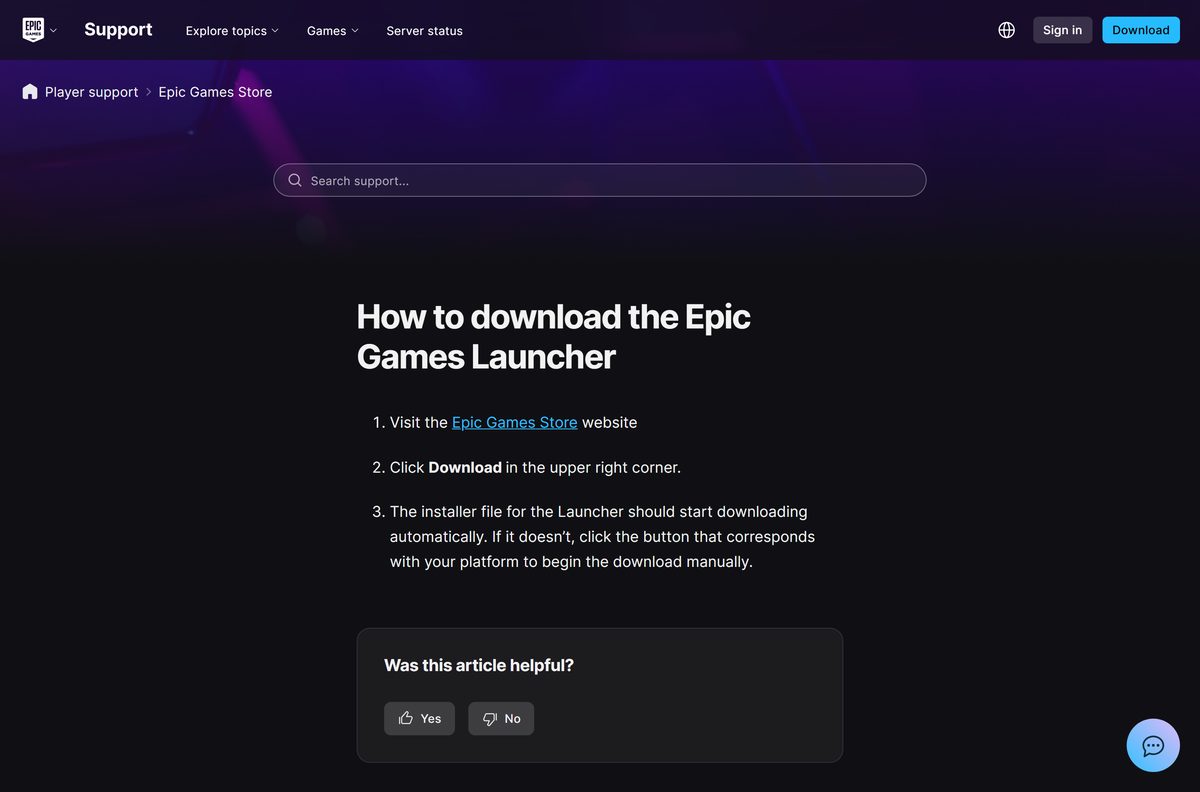 Epic support steps for getting the Epic Games Launcher installer