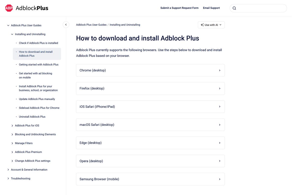 Adblock Plus help center guide to installing in each browser