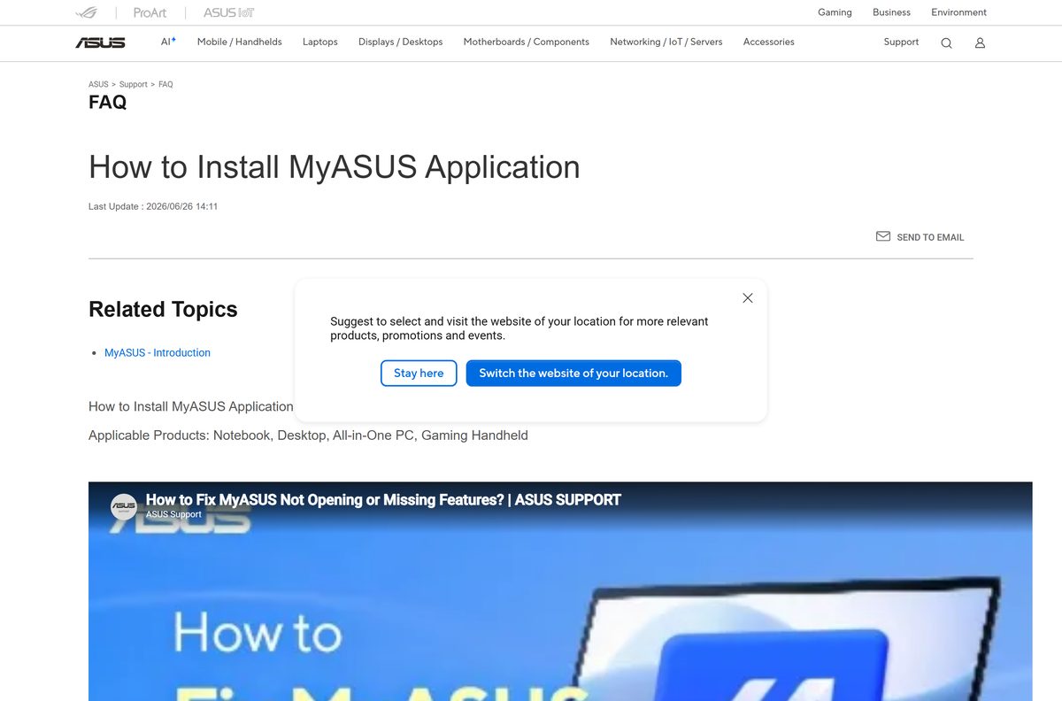 ASUS support article with the MyASUS install steps