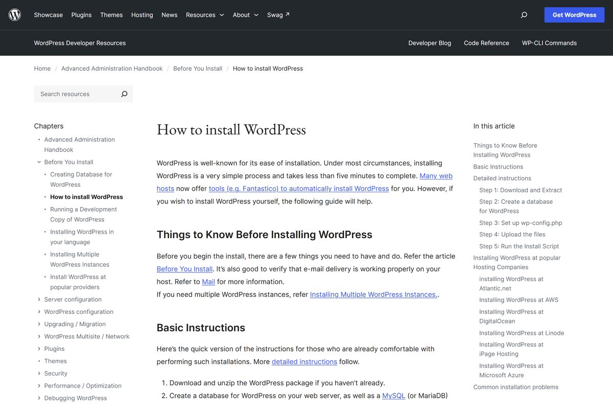 WordPress installation guide in the Advanced Administration Handbook