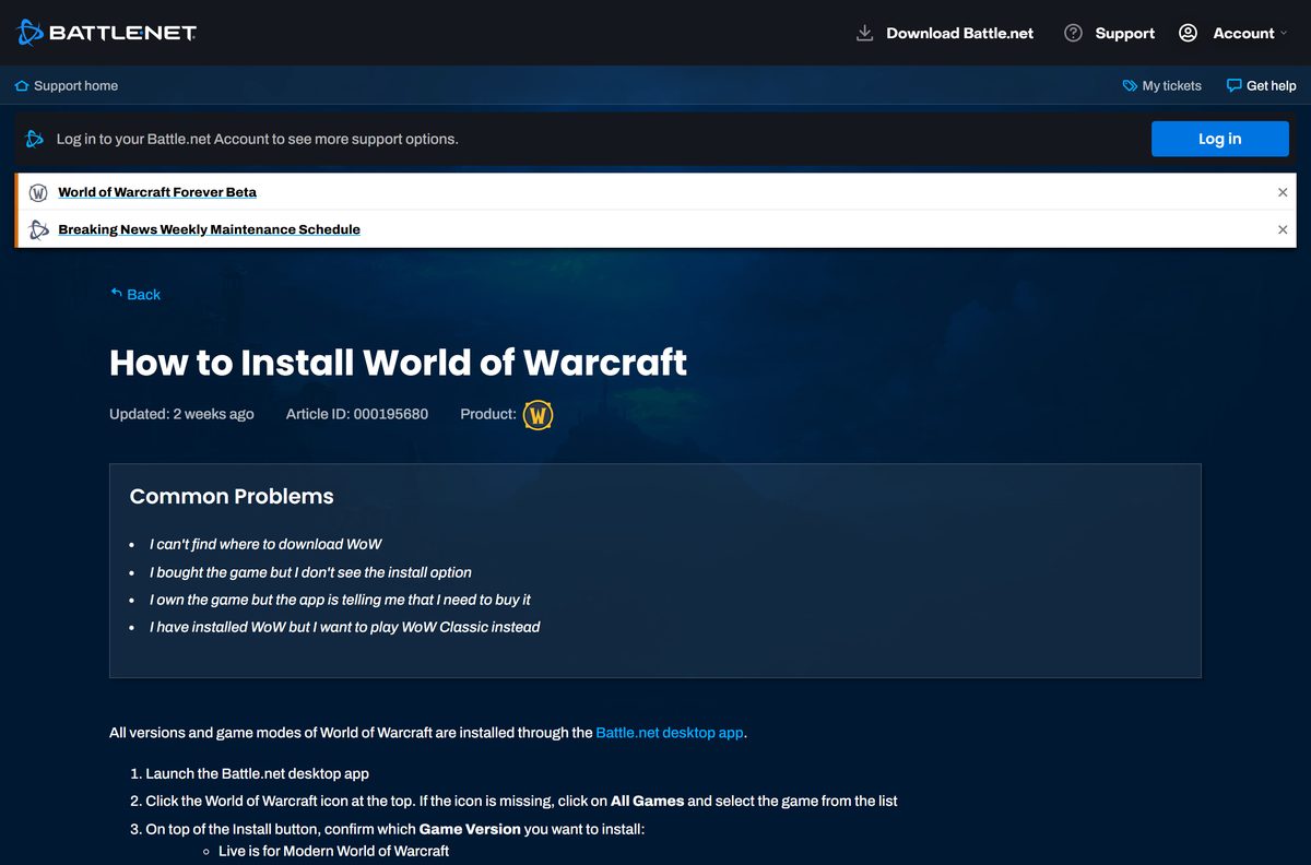 Blizzard Support steps to install World of Warcraft through Battle.net