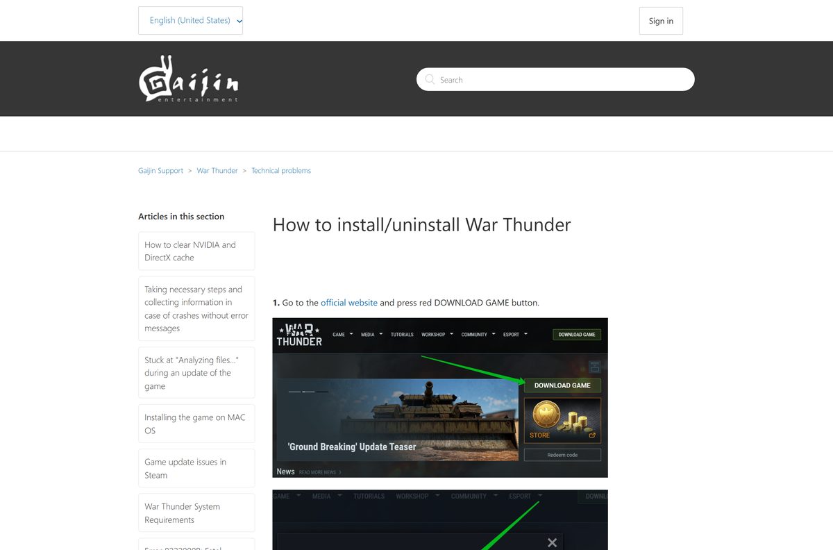 Gaijin Support article with War Thunder install and uninstall steps