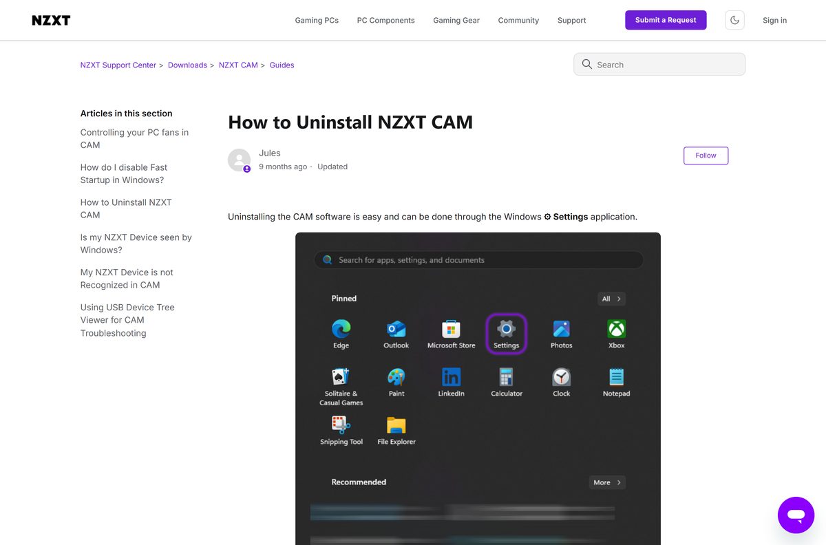 NZXT support guide explaining how to remove CAM from Windows